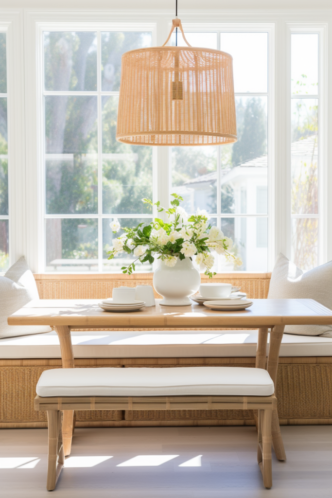 A stylish wicker dining table with a bench and a contemporary light fixture.