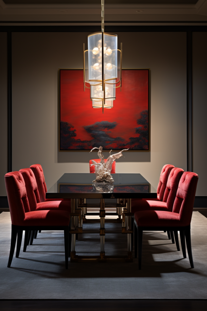 A stylish dining room with red chairs and a contemporary chandelier.