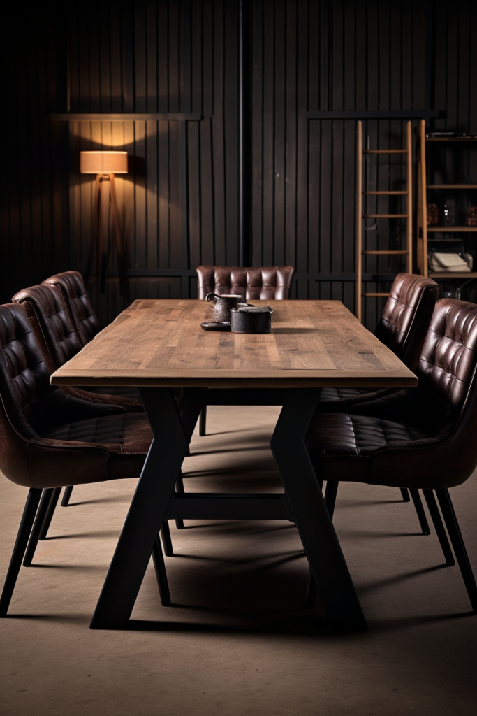 A contemporary dining table with stylish leather chairs in a dark room.