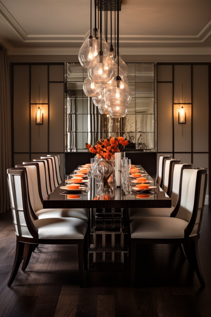 A spacious dining room with a rectangular dining table and stylish chairs.