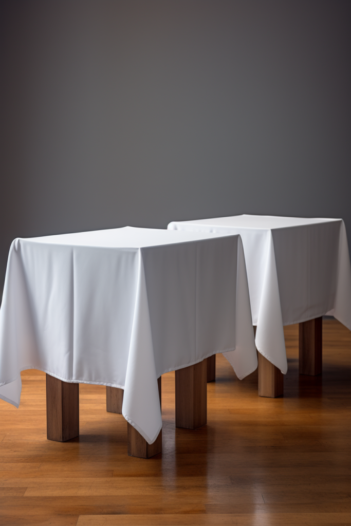 Two rectangular table cloths on a wooden floor.