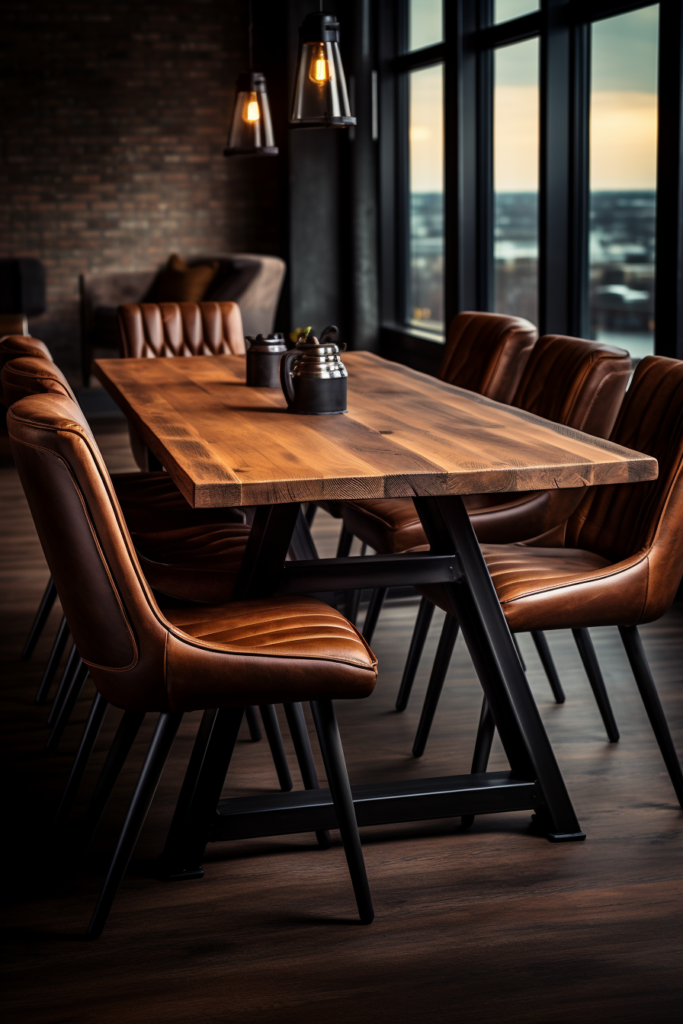 A Trends wooden dining table with leather chairs and a view of the city.