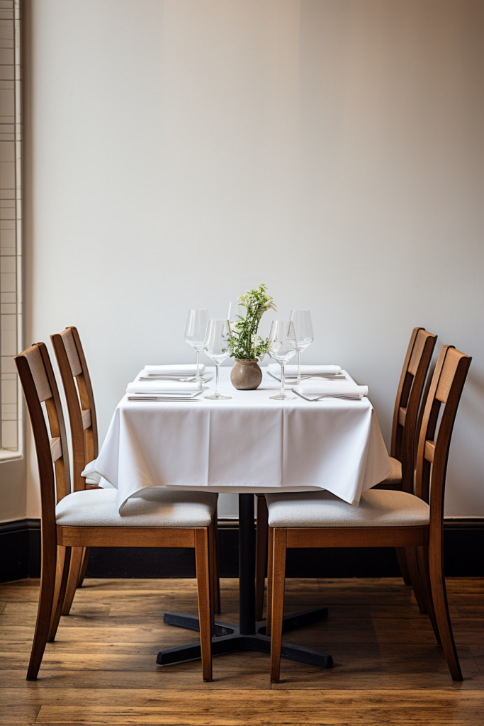 A contemporary white rectangular dining table and stylish chairs in a restaurant.