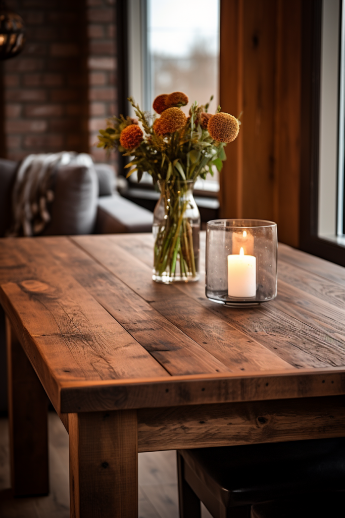A stylish rectangular dining table with a candle on it.