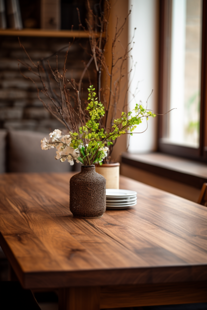 A rectangular wooden table with a vase of flowers on it.