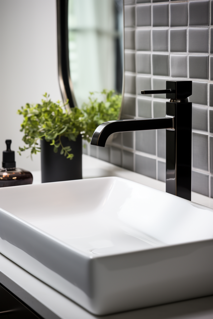 A modern bathroom with a black sink and a plant featuring elements of Wood Bathroom Design Ideas.