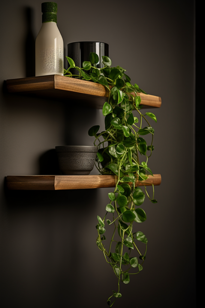 A rustic wooden shelf with a plant, exuding timeless charm.