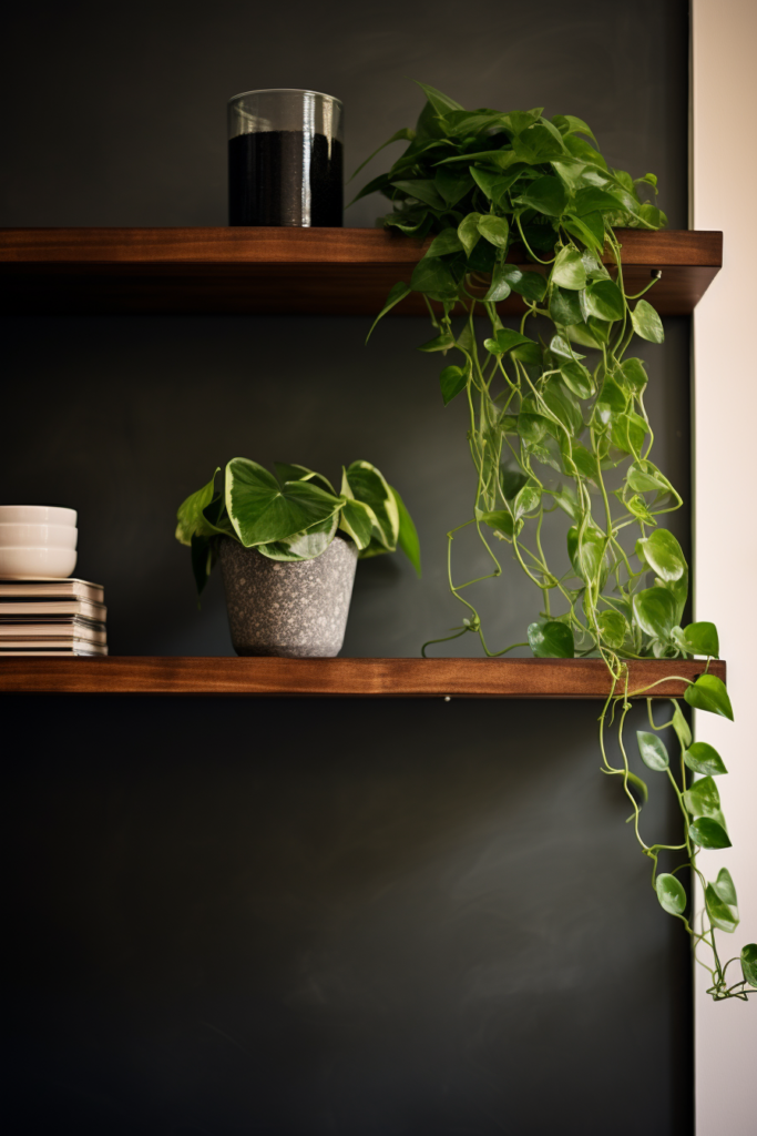 A timeless wooden shelf adorned with plants and pots, adding rustic charm to any space.