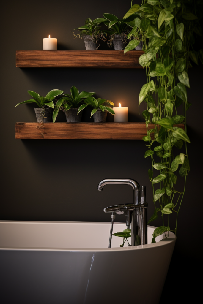 A rustic bathroom with a bathtub and a charming shelf adorned with plants.