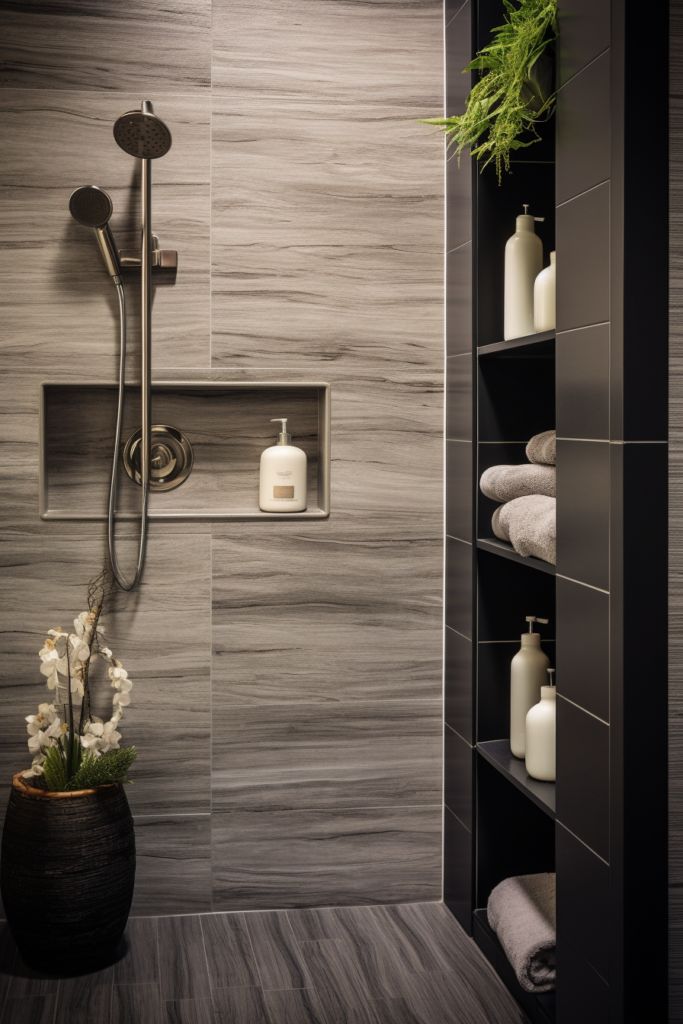 A bathroom with a rustic retreat ambiance, featuring black and wood elements such as shelves and a shower head.