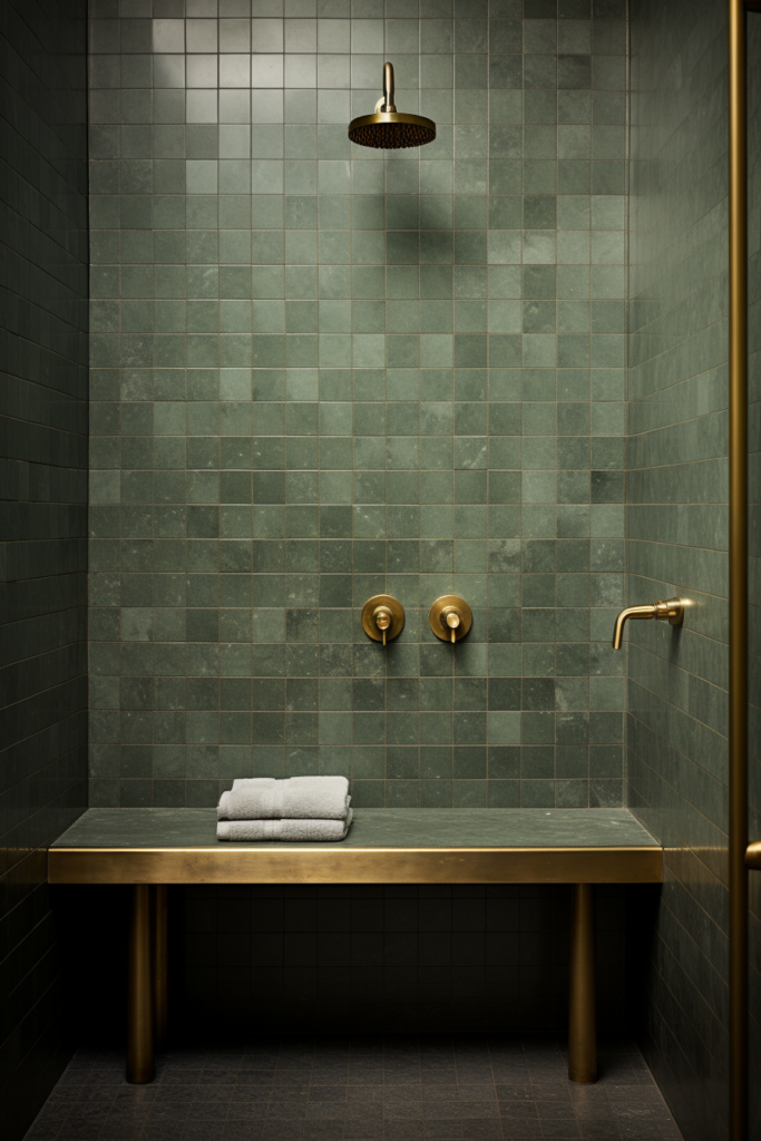A rustic retreat bathroom with a green tiled wall.