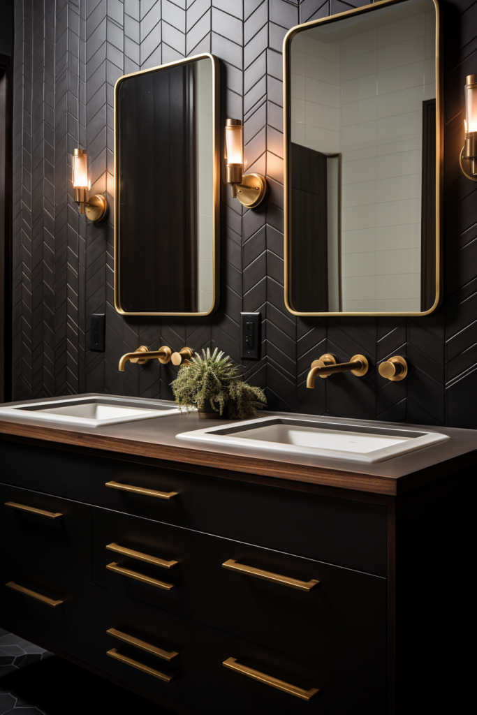 A black and gold bathroom with two sinks and mirrors, featuring a rustic retreat atmosphere.