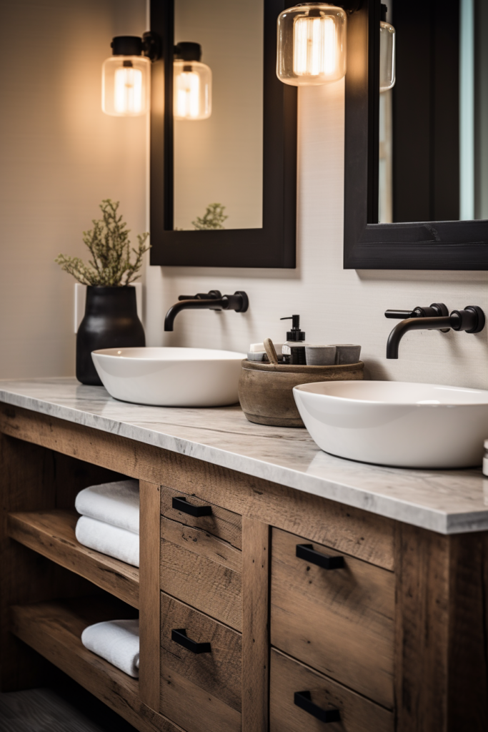 A charming bathroom design with two rustic sinks and two antique mirrors.