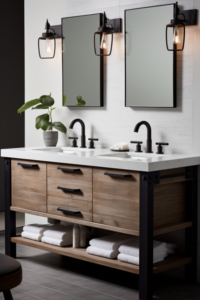 A bathroom vanity with two sinks and two mirrors, adding a touch of timeless charm to your rustic retreat bathroom design.