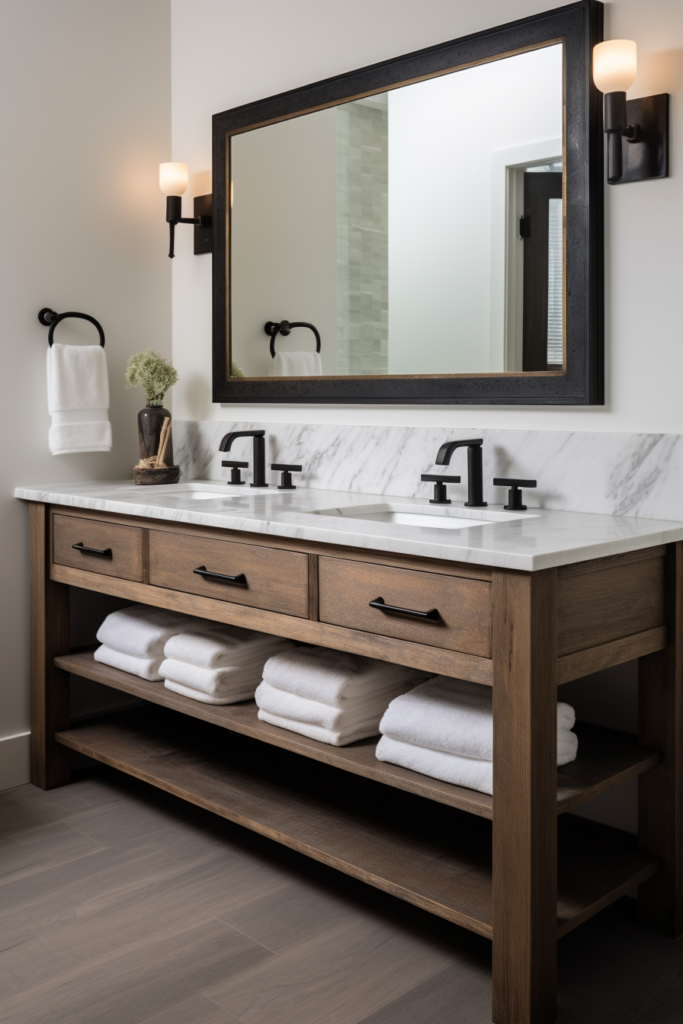 A rustic retreat bathroom design featuring two sinks and a mirror with timeless charm.