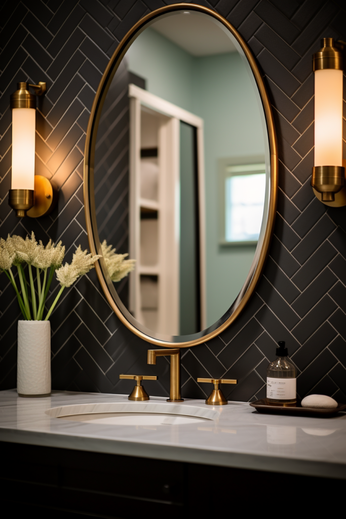 A black and gold bathroom with a round mirror featuring rustic elements.