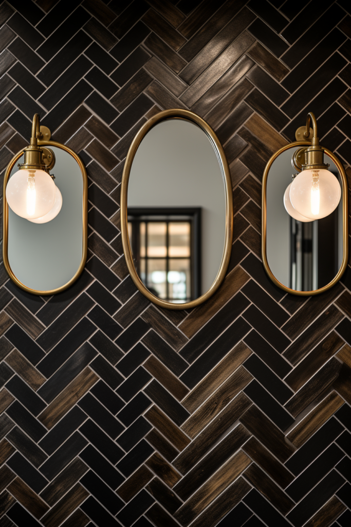 A rustic retreat with timeless charm, featuring three mirrors on a black tiled wall.