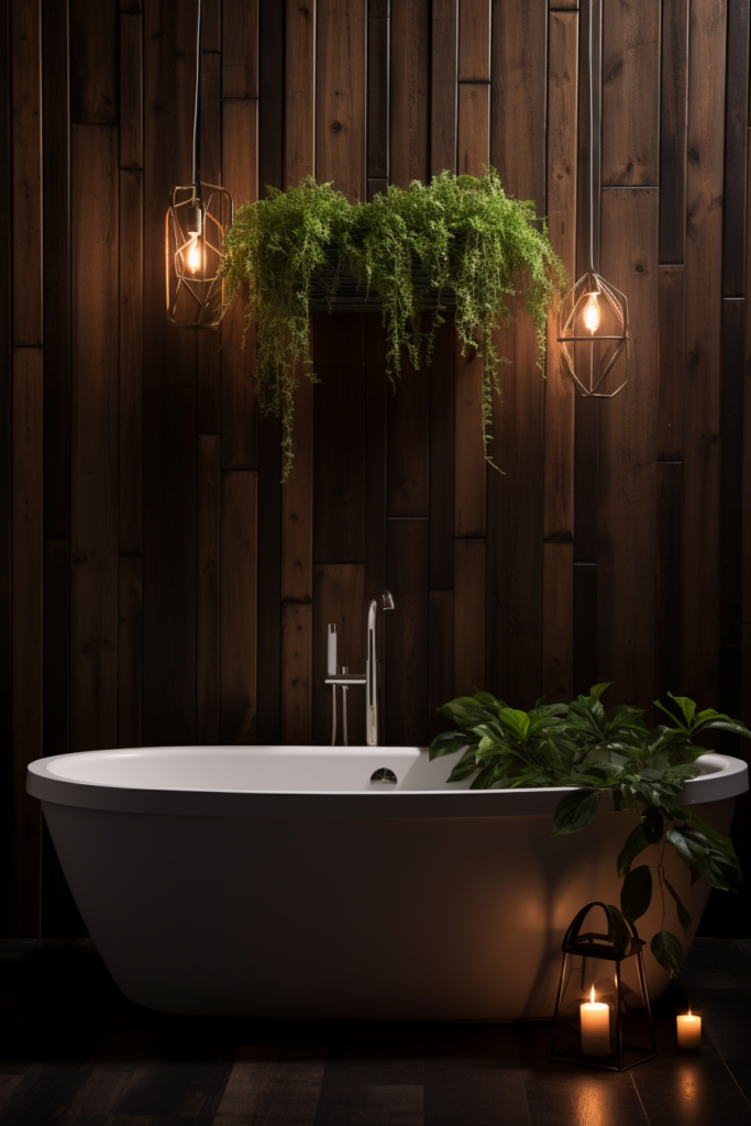 A rustic retreat bathroom design with a bathtub against a wooden wall.