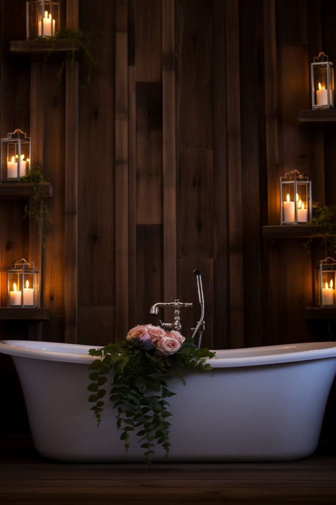 A rustic bathtub with candles in front of a charming wooden wall in a bathroom.