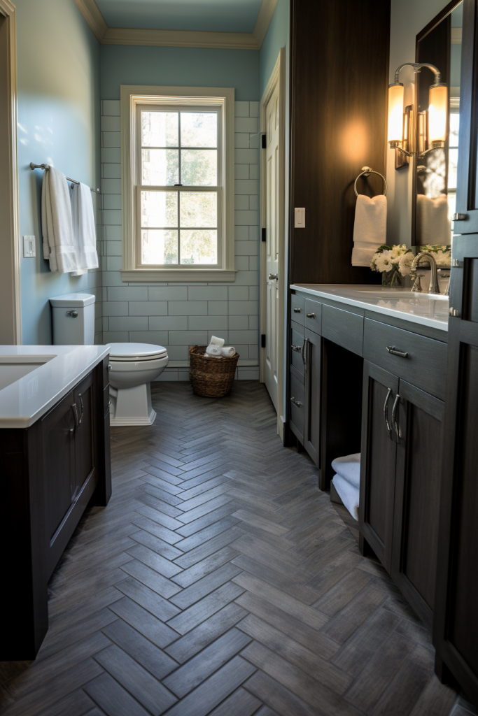A rustic bathroom with a herringbone tile floor exuding charm.