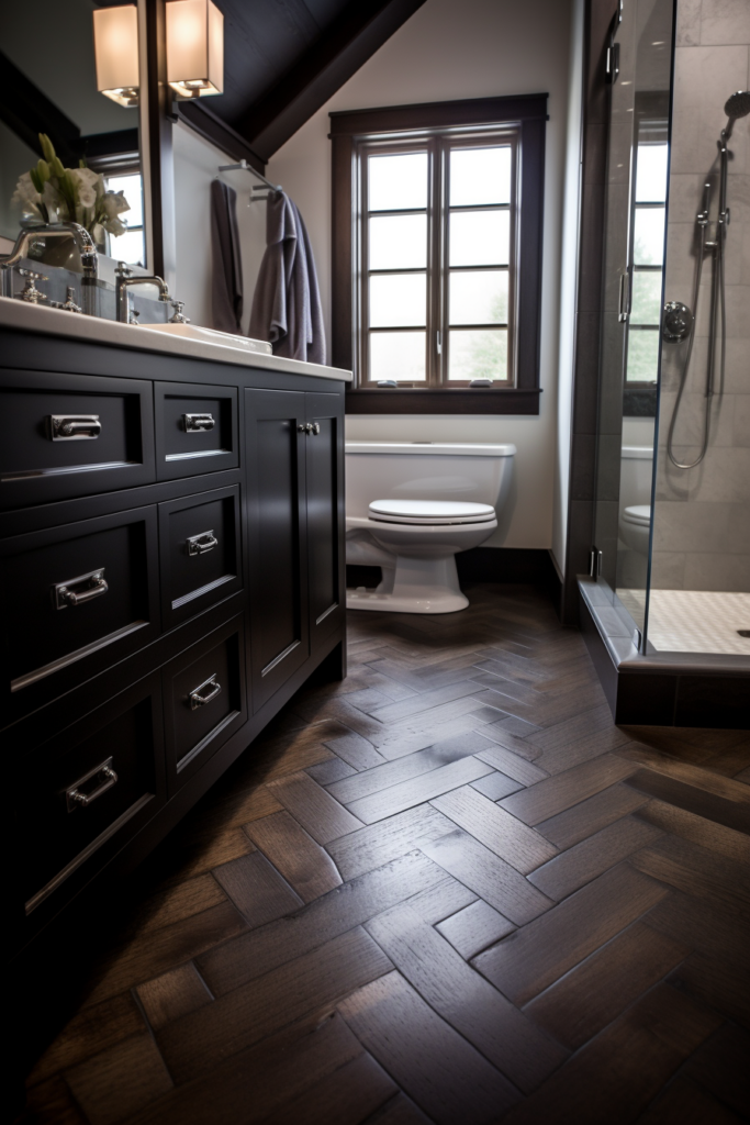 A charming bathroom with dark wood floors and a rustic shower.