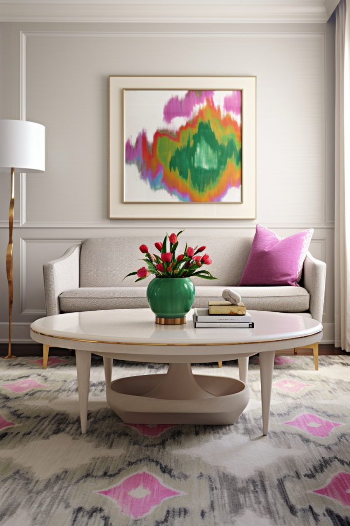 A living room with a colorful rug adorned with style strategies.