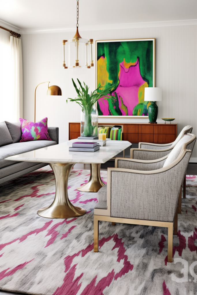 A modern living room with a colorful rug that incorporates Style Strategies and Rug Revelations.