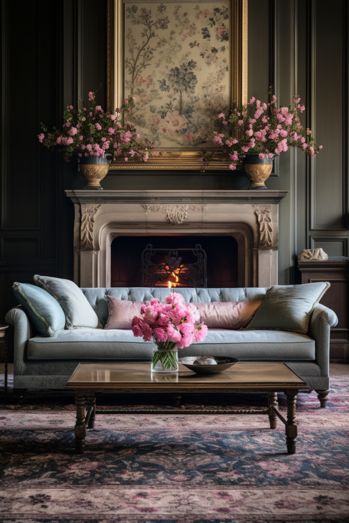 A living room with a cozy fireplace and beautiful flowers adorning the space.