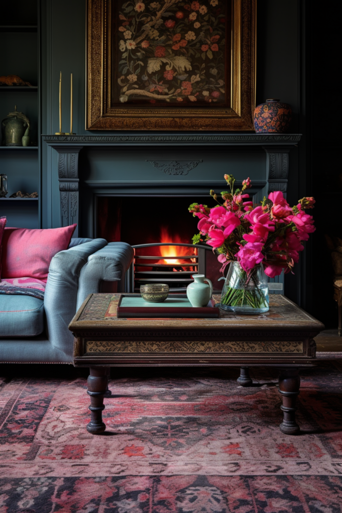 A living room with a fireplace and pink flowers is beautifully enhanced with a stylish rug.