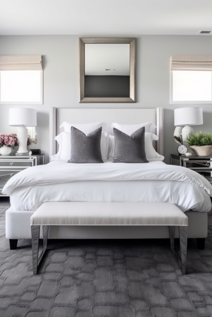 A white and gray bedroom with a bed and a bench featuring grey carpet.