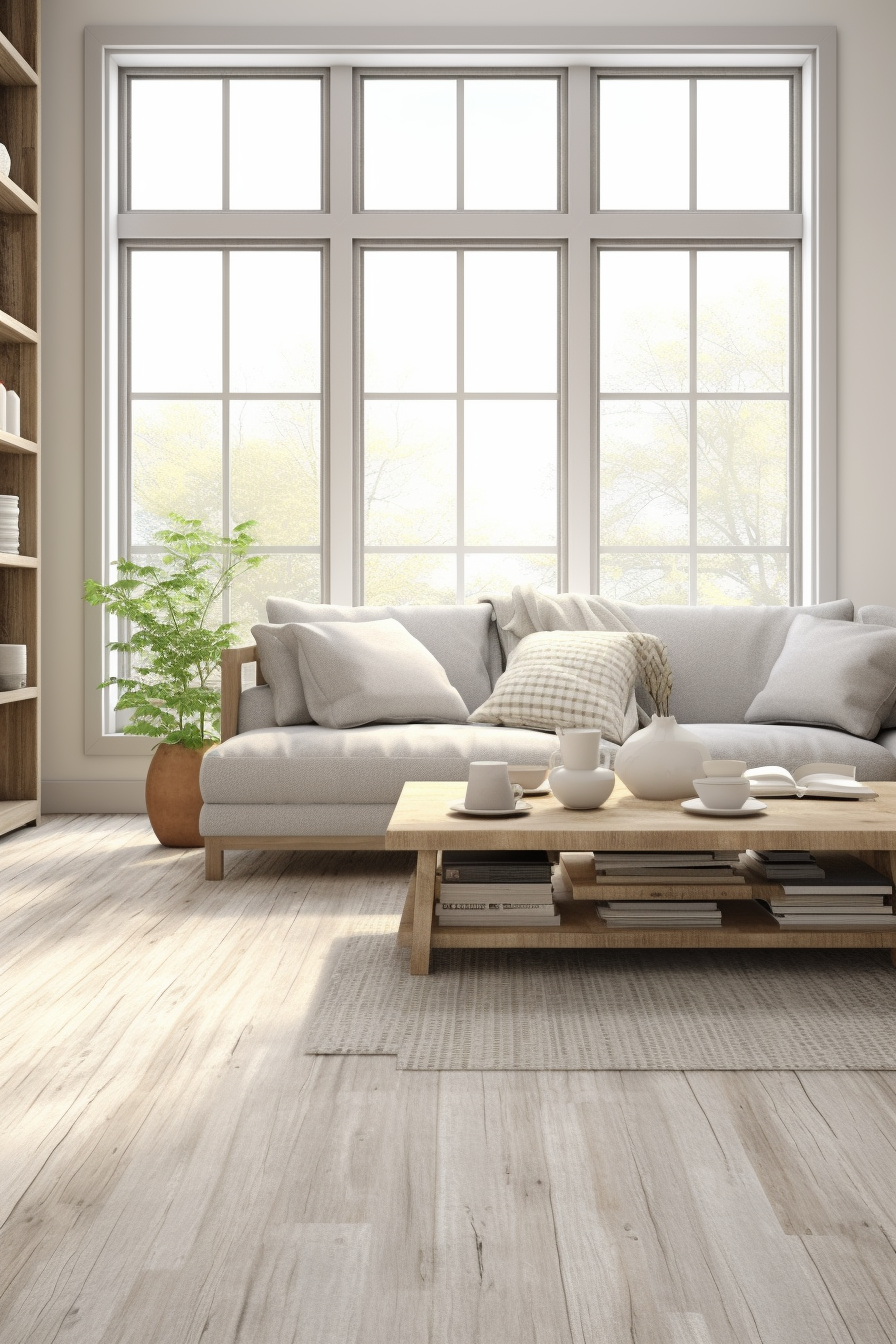 A living room with elegant white furniture and stylish wooden flooring.