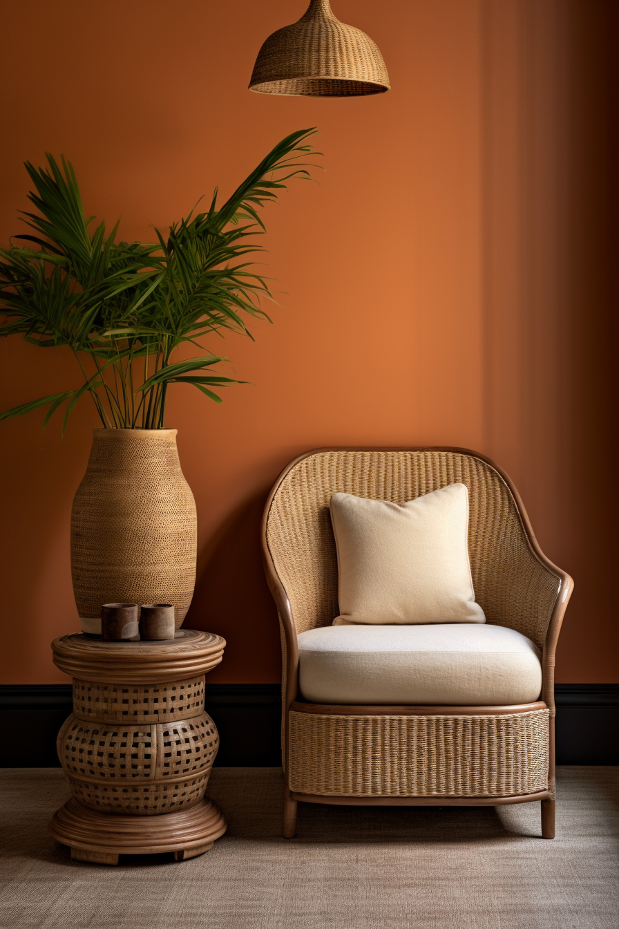 A stylish wicker chair in front of an elegant orange wall.