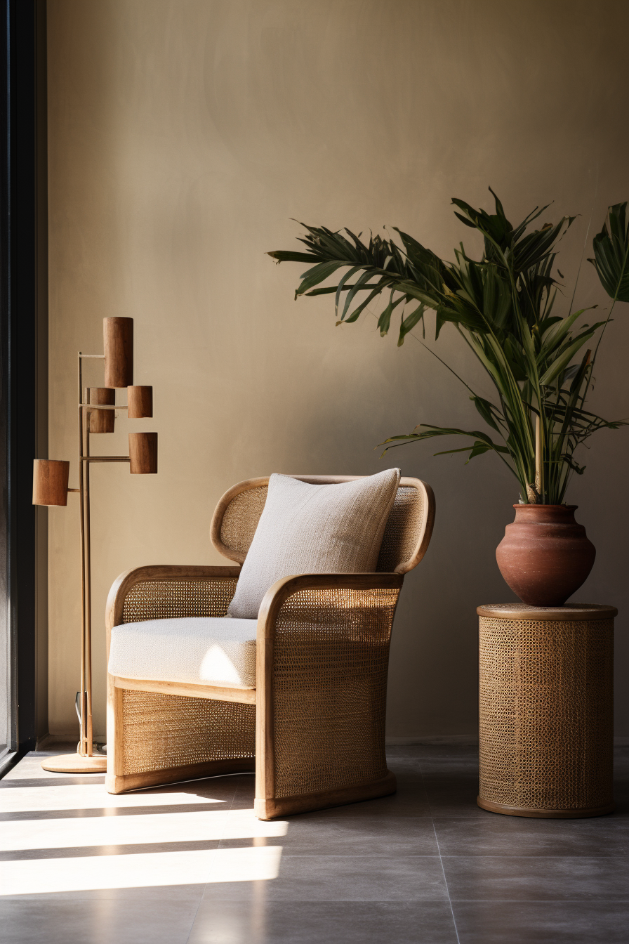 A chair and a plant in a stylish room.