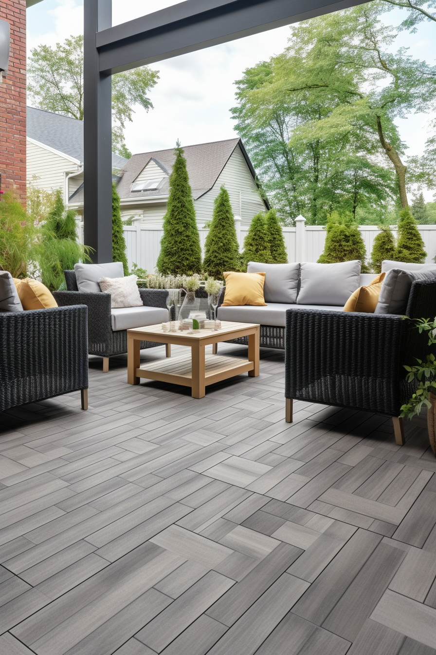 A stylish outdoor patio with grey tile and furniture that exudes flooring elegance.