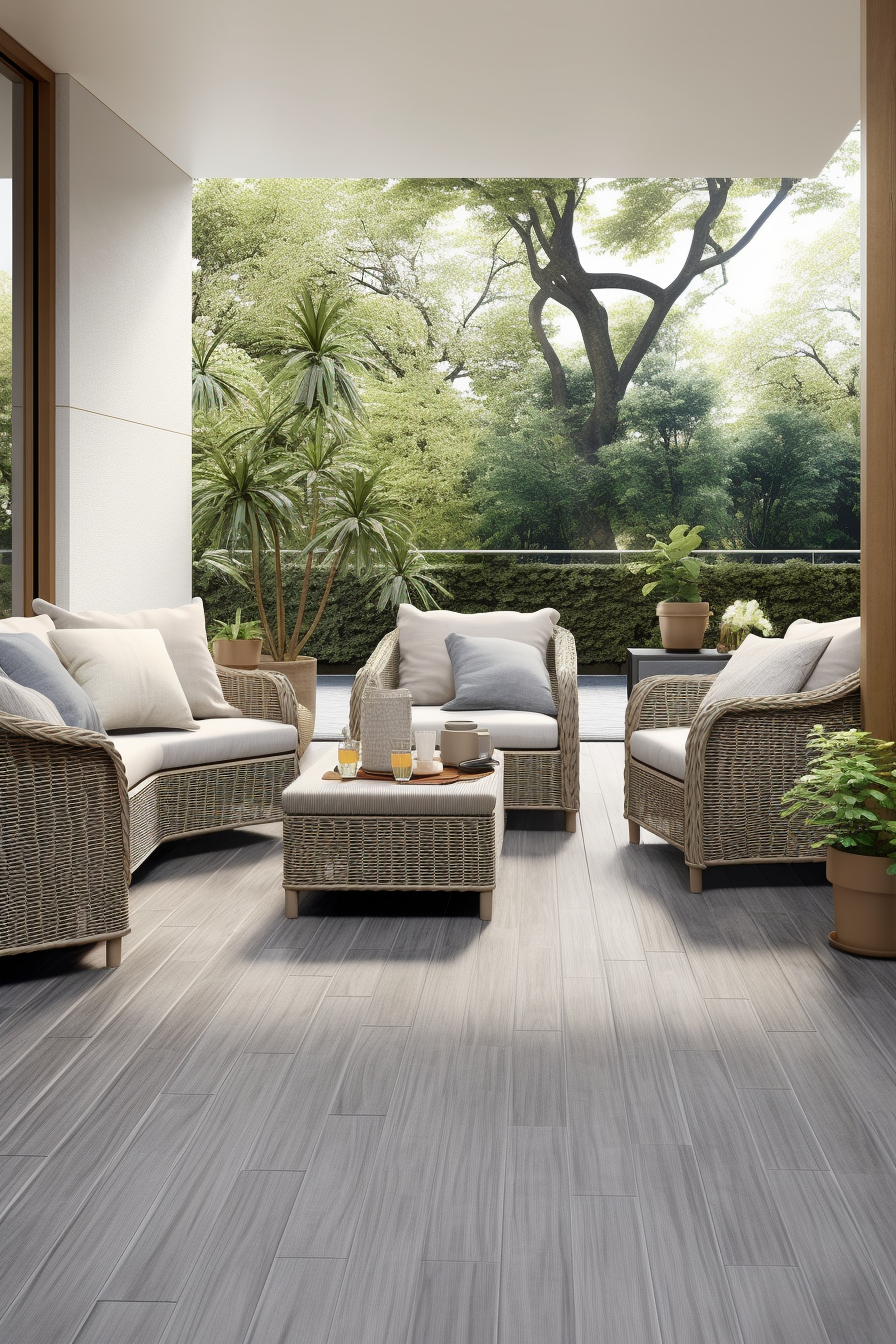 A patio with stylish wicker furniture and flooring elegance.