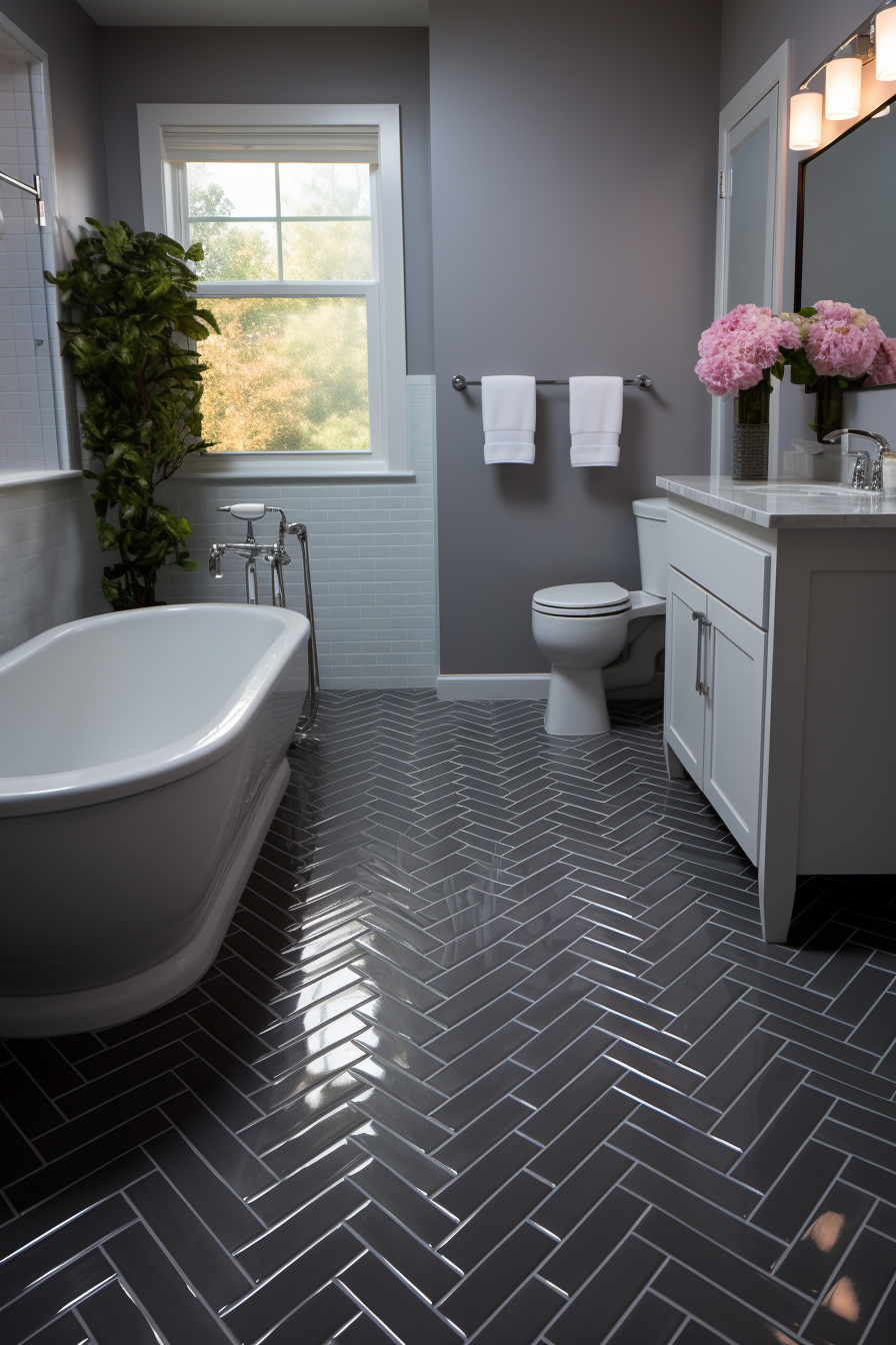 A bathroom with stylish herringbone tiled flooring, adding elegance to the space.