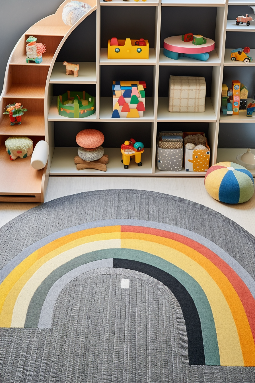 A stylish rainbow rug adds elegance to the flooring of a children's room.