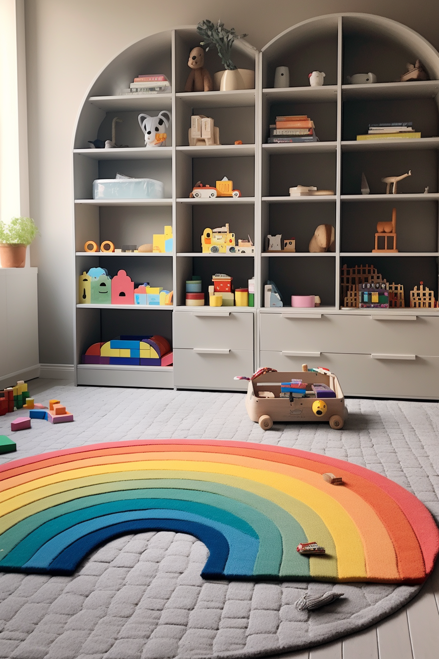 A stylish room with a rainbow rug and elegant shelves.