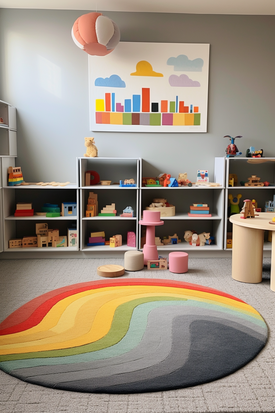 A stylish rainbow rug in a children's room.