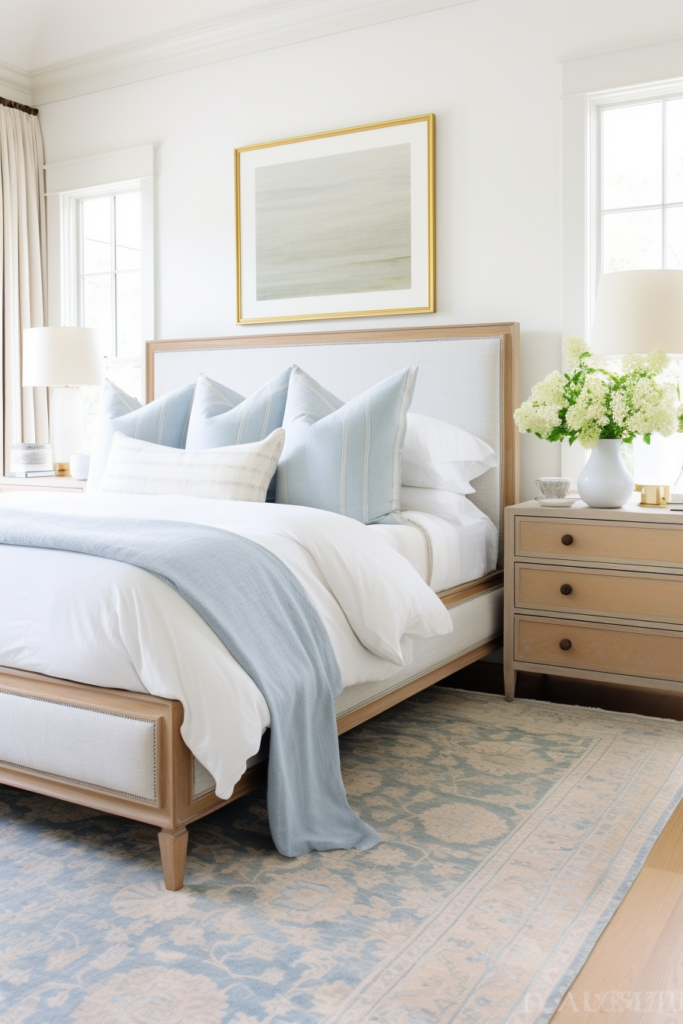 A bedroom with a white bed and blue accents, showcasing stylish pairings.