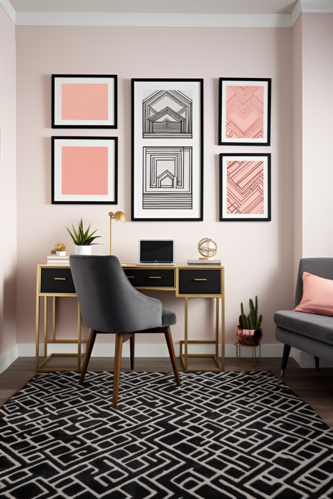A stylish home office with pink walls adorned with a black rug, creating a harmonious pairing.