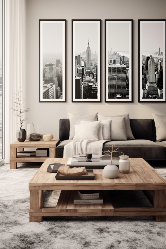 A stylish living room with black and white framed pictures.