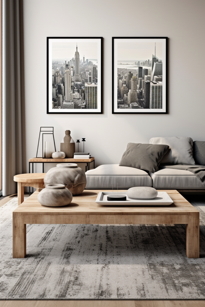 A stylish living room with two framed pictures of a city skyline set against a backdrop of pattern harmony.