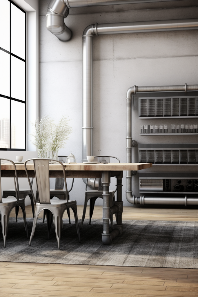 An industrial dining room with stylish pairings and a table and chairs.