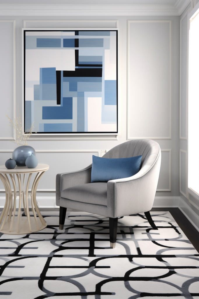 A modern living room with a blue and white patterned rug.