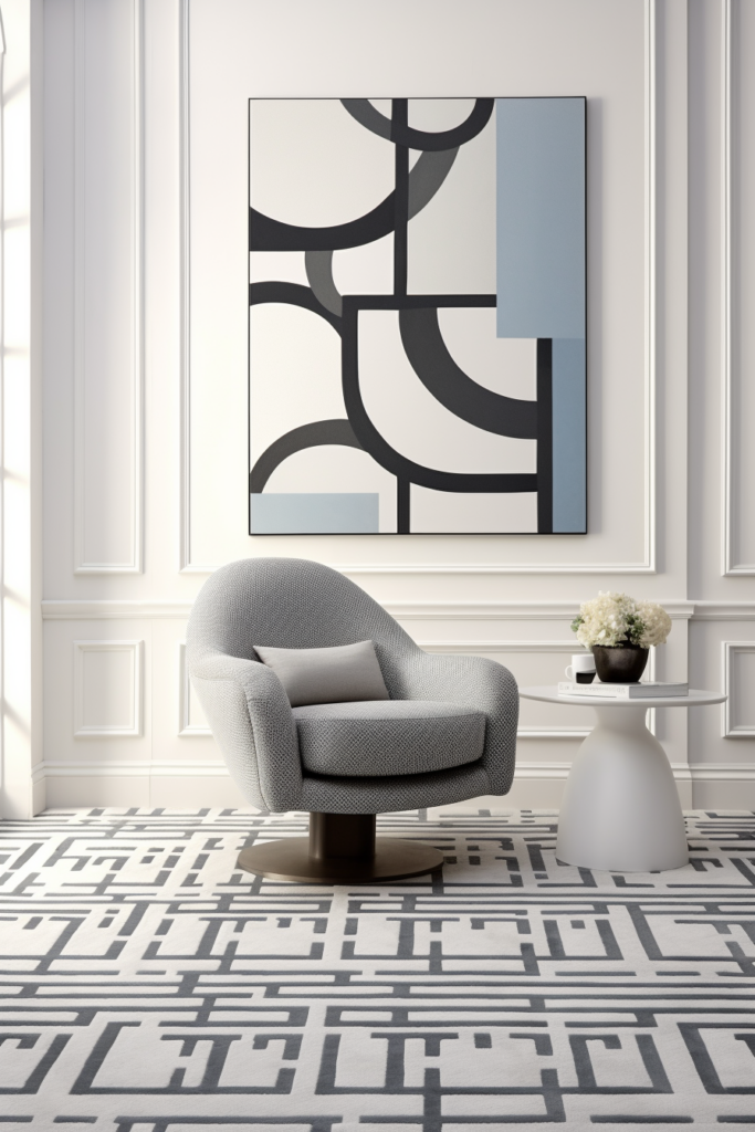 A room with a chair and a painting on the wall, featuring a grey carpet to add pattern harmony.