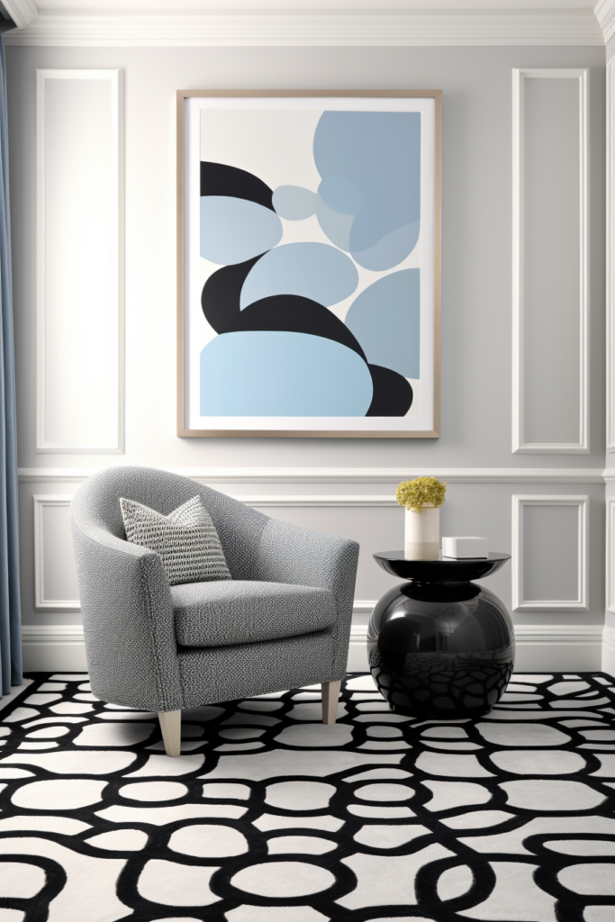 A stylish living room with a patterned black and white rug.