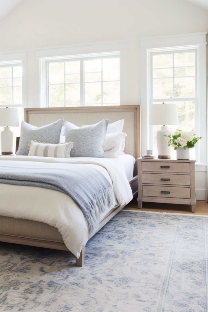 A bed in a bedroom with a blue and white rug, creating a stylish pairing.