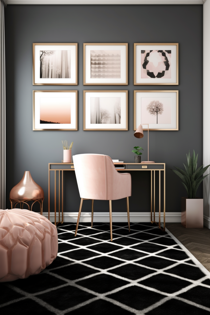 A black and pink office with framed pictures, a pink ottoman, and grey carpets in harmony.