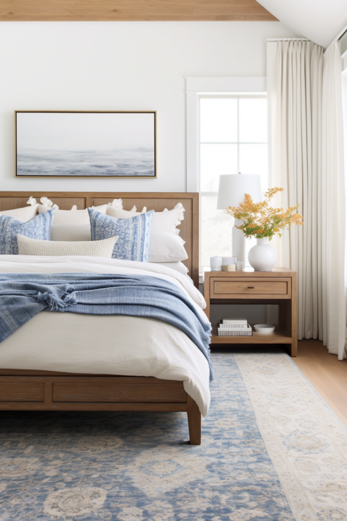 A bedroom with a white bed and blue rug featuring stylish pairings.